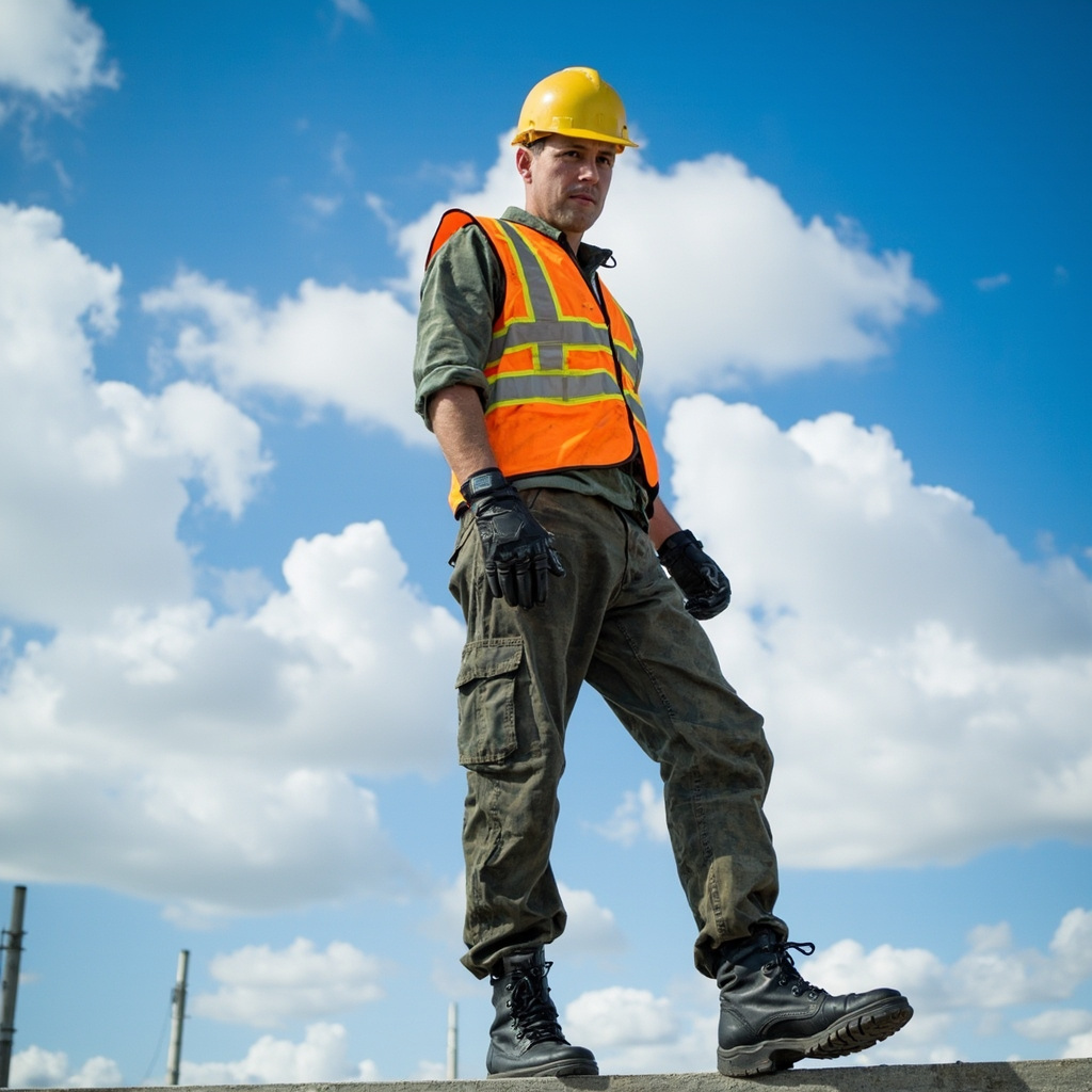 Construction worker on steel beam wearing safety boots