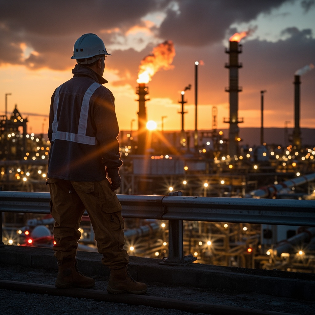 Oil and gas refinery worker in flame-resistant coveralls
