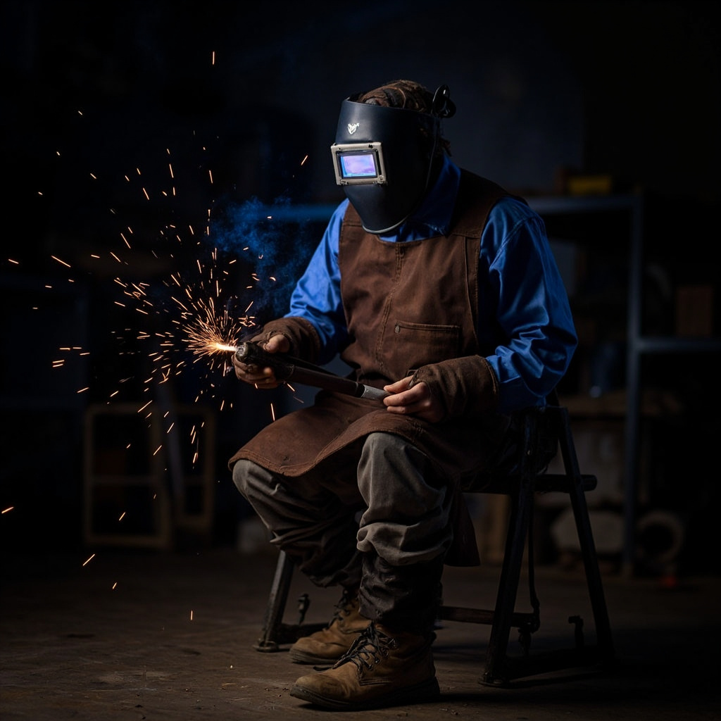 Welder in full leathers with bright welding arc